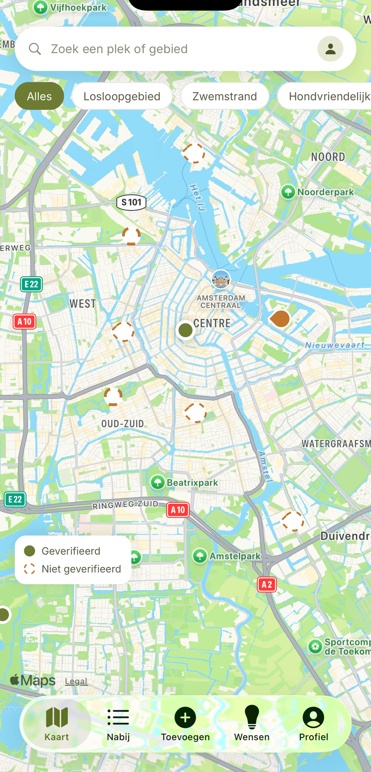 De Vrije Hond app met de kaart van hondenplekken